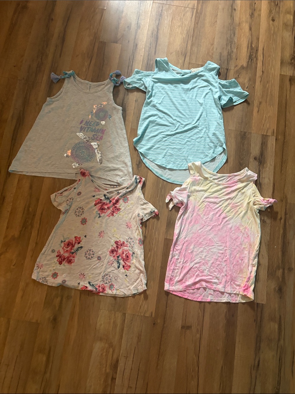 Justice Girls' Light Blue Cold-Shoulder Top with Pastel Tie-Dye & Floral Tees